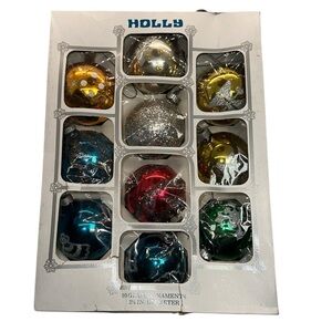 Vintage Holly Multi Color Glass Ornaments Set Of 10 2 1/4" Diameter USA Made
